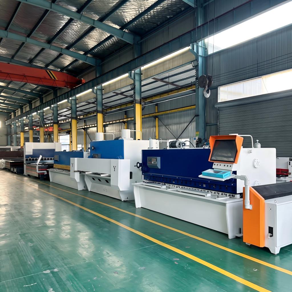 A 1024x1024 square view inside the ZTM machine workshop, showcasing rows of heavy-duty hydraulic shearing machines and CNC press brakes ready for global shipment.